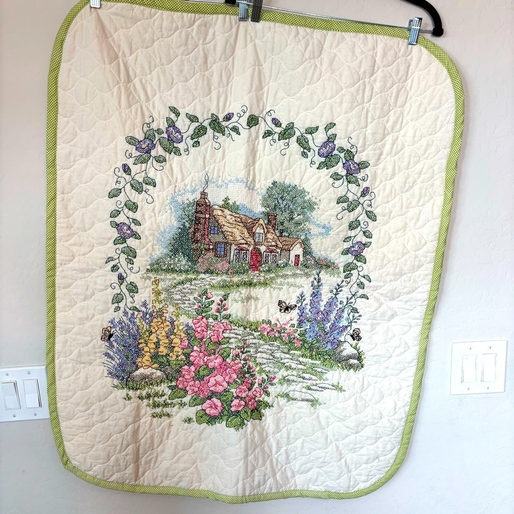 Hand Cross Stitched Holly Hock Cottage Lap Quilt 40x32
